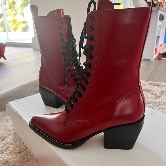 CHLOE Rylee Red Patent Leather Pointed Cuban Heel Lace Up Ankle Boots 37 - Picture 7 of 7